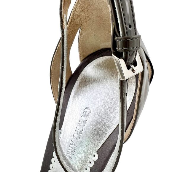 New Giorgio Armani Women 9.5 High Heel Shoes Gray Patent Leather Wedge Sandals - Picture 15 of 15